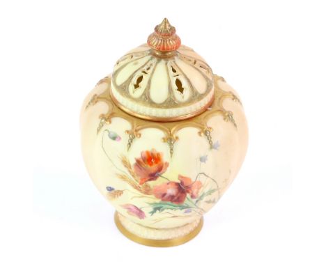 Royal Worcester blush ivory pot pourri vase and cover painted with poppies and highlighted in gilt, factory marks for 1896 to