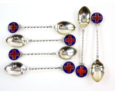 Set of six silver and enamel spoons by V and S, Birmingham 1951, 117 grams .     