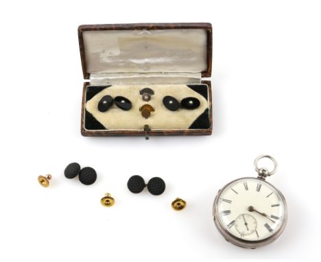 Edwardian seed pearl and onyx cufflinks, three gold shirt buttons, 9 ct and a silver pocket watch with subsidiary dial  hallm