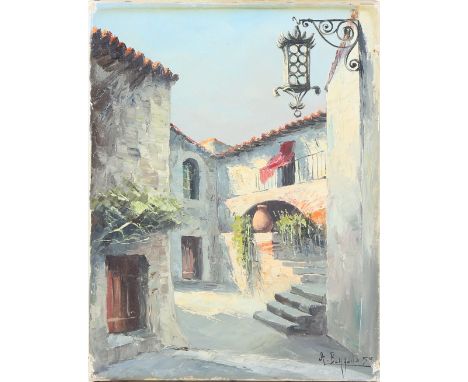 Three oils on canvas, one Mediterranean street scene, an interior with two figures and an abstract mountain, the first framed