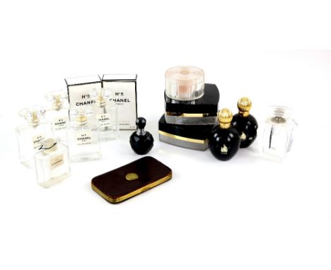 Art Deco enamel decorated  glass perfume set the central covered box flanked by a scent bottle and atomiser , a collection  e