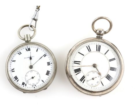 A Victorian silver open face pocket watch, the white enamel dial with black Roman numeral hour markers, railway minute track 