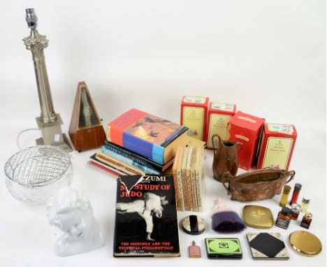 Books, china and objects to include G. Koizumi, My study of Judo, signed, table lamp, metronome, compacts, Art Nouveau cast m