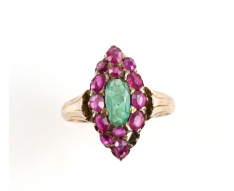 Early 20th C ruby and emerald set marquise ring, mounted in 9 ct, ring size LTo be sold in aid of Princess Alice Hospice.    
