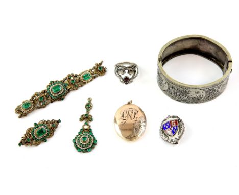  A group of costume jewellery, oval bangle, 9 ct and silver lined locket, reverse engraved 'with mothers love Dec. 43', ename