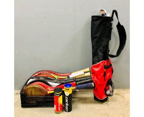 A quantity of tennis and badminton rackets including Slazenger and Dunlop, together with a group of golf clubs and a golf bag