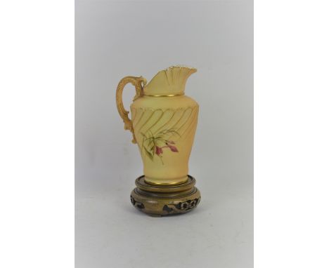 Royal Worcester spiral fluted jug, 1652, the C scroll and dolphin handle enriched with gilding. Puce transfer printed factory