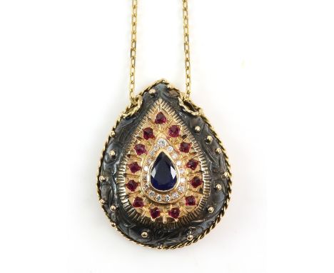 Sapphire, ruby and diamond pendant, set in a pear shape motif, mount stamped 18 ct, 3 x 2.5cm, on a 14 ct chain, 44.5cm in le
