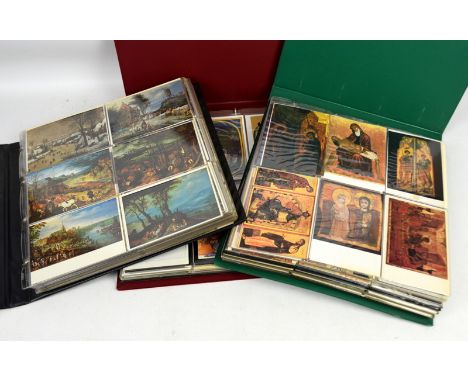 Quantity of art related postcards in 3 albums and a print.     