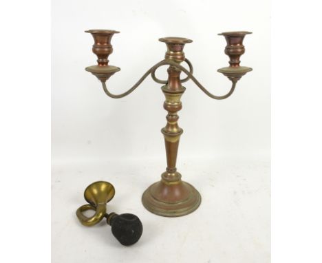 Pair of candelabra, tray, car horn copper pans, brass candlestick. trivet and other items.     