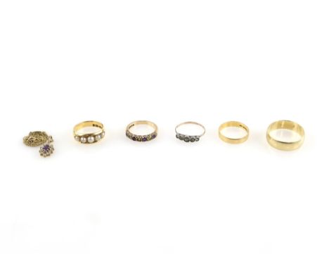 A mixed group of items, including five stone pearl set ring, a wedding band, both ring size M and set in 18 ct, gold together