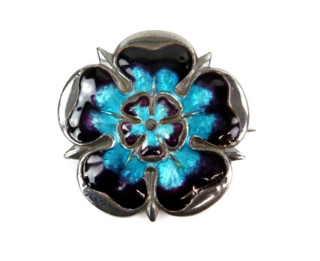 Enamel Queensway brooch, briar rose design with turquoise and black enamel, makers marks to reverse, 3 x 3 cm Queensway ename