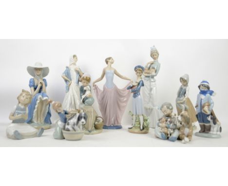 Lladro 5708, Lladro 5456 New Playmates, Lladro 4893, and other Lladro and Nao figurines (11 in lot).     No chips cracks or r
