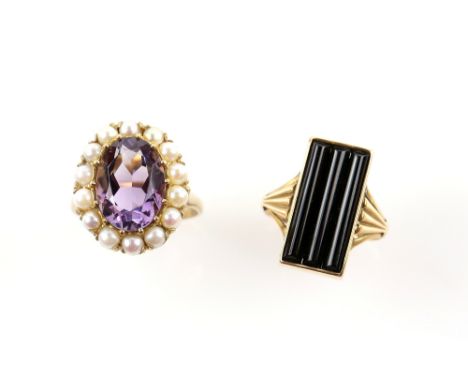 Onyx dress ring, mounted in 14 ct, ring size O and amethyst and pearl cluster ring, set in 9 ct yellow gold, ring size R .   