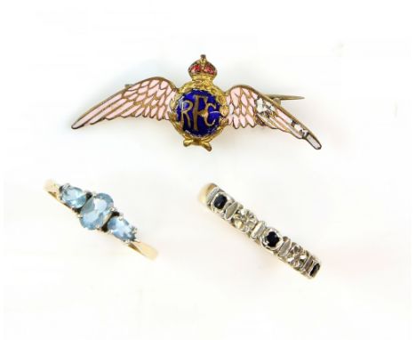 Group of  jewellery, two gold rings, blue topaz and another with small sapphire and diamonds, both 9 ct, RAF enamel wings, li