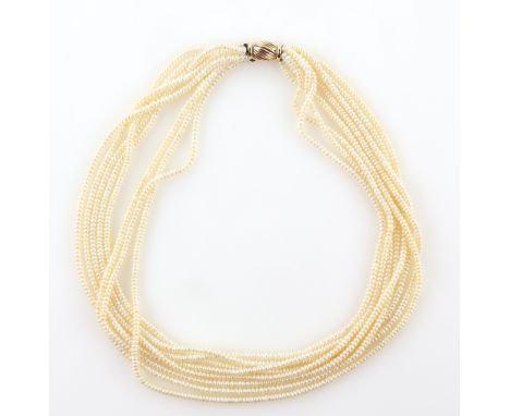 Vintage multi strand freshwater pearl necklace, eight strung strands of button pearls, with 9 ct gold twist clasp, 47cm in le