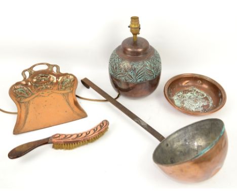 Crumb scoop, brush, copper ladle, lamp and strainer.     