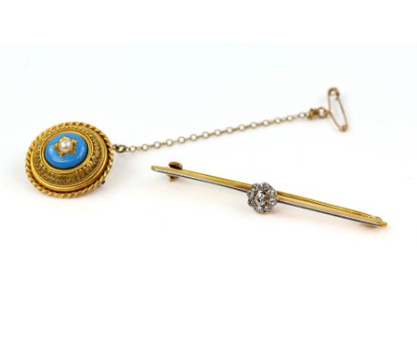 Edwardian diamond flower head brooch, stamped 18 ct, Victorian blue enamel and seed pearl brooch, testing as 18 ct, with a si