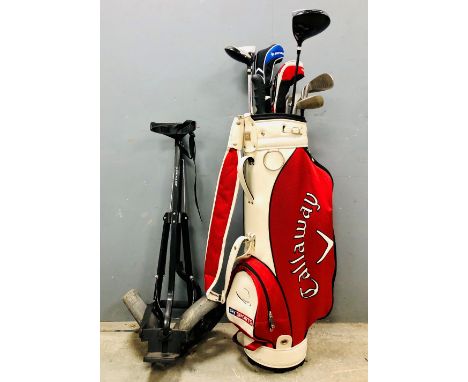 A quantity of golf clubs, Callaway special edition golf bag, Dunlop golf trolley, Titleist Pro V1 golf balls and other access