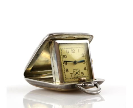 20th Century silver and enamelled travel clock, square dial with Arabic numerals and minute track, Swiss made mechanical move