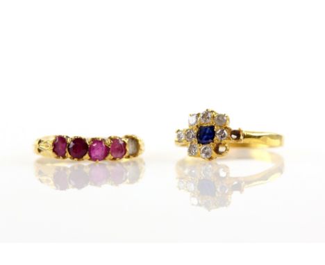 Two gem set rings, diamond and sapphire cluster ring, size P and a ruby ring, size Q, both mounts testing as 18 ct .     COND