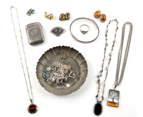 Mixed group of costume jewellery and silver,  including an amber tree pendant, matching pair of earrings, silver bangle, Vest