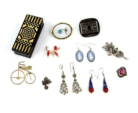 A group of costume jewellery, French synthetic ruby and marcasite ring, size L, a pair of Wedgwood drop earrings, both in sil