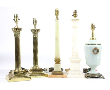 Pair of brass Corinthian column table lamps, alabaster table lamp and two others,.     