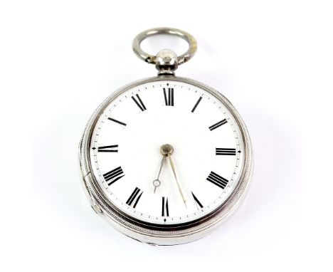 An English  silver cased open face  pocket watch the signed white enamel dial with black Roman numeral hour markers and minut