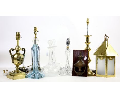 Modern brass lamp, another, brass hanging light, pair of decanters, three glass lamps, and a brass door knocker, (9),.     