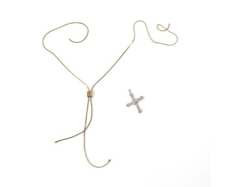 Diamond cross pendant, pave set with Swiss cut diamonds, 3.7 x 2.7cm and vintage slider necklace, textured detail, both in 9 