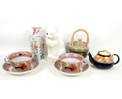 Transferware large cup with Auld Lang Syne phrase, a ceramic cat and other items.     