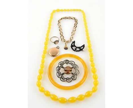 Mixed group of items including a Victorian gold chain, the attached fob with intaglio cut flower, Scottish brooch. an amber b