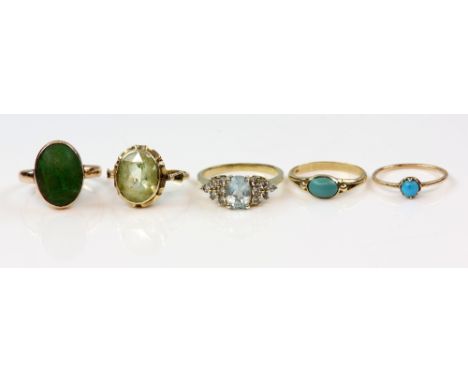 Five rings, one set with green paste, mounted in 14 ct, ring size L, two set with turquoise, sizes K and L , green cabochon c