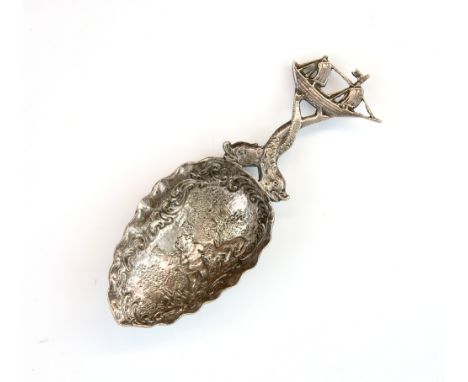 Dutch silver 934 grade silver  caddy spooncarrying the Rotterdam mark with entwined dolphin stem and ships finial .     