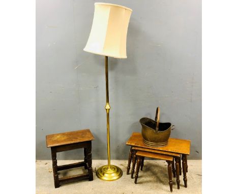 Oak joint stool, nest of three tables, brass coal bucket and a standard lamp. (4).     