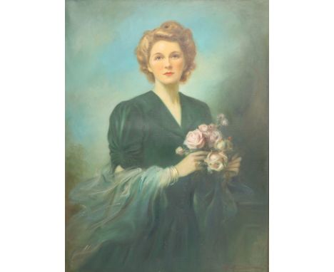 1920's society portrait of a woman in a green dress titled 'Marian Tame, London',  and monogrammed AP, 100cm x 74cm .     