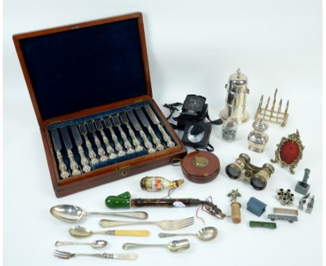 Wooden tray, binoculars, continental porcelain pipe, opera glasses, silver plated and other items.     