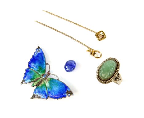 A group of costume jewellery including two stick pin stamped 15 ct, loose cabochon cut sapphire, measuring 10 x 8 x 9mm,  a C