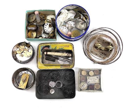 A watchmakers brass depthing tool; together with a quantity of pocket watch spares including movements, white enamel tablets 