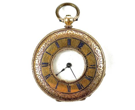 A 14k half hunter fob pocket watch, the 34mm white enamel dial with Roman Numerals, with base metal inner cover, the outer fo