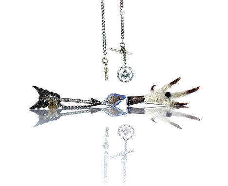 A Scottish silver and paste stone mounted Grouse foot brooch; together with a Charles Horner silver and enamel brooch, a silv