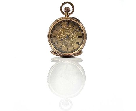 An 18ct gold cased crown wind fob pocket watch with 28mm gilt dial, base metal inner cover and suspension ring, the case foli