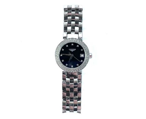 A Longines ladies stainless steel diamond set quartz bracelet wristwatch, ref L5 175 0, no. 30985867.The dial diameter is 18m