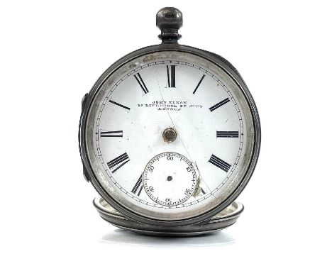 A Victorian silver engine turned pocket watch, the dial signed JOHN ELKEN 35 LIVERPOOL ST CITY LONDON, the dial with damage, 