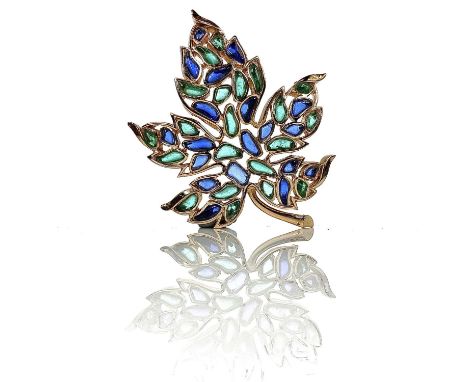 A gilt metal and enamel leaf shaped brooch by Trifari, width 6cm.Good condition.