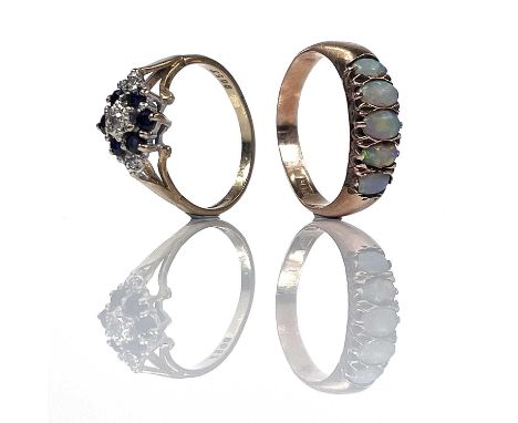 A 9ct diamond and sapphire nine stone cluster ring with small stones, size K; together with a 9ct rose gold blue opal set fiv