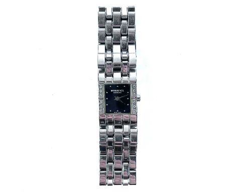 A Raymond Weil ladies stainless steel diamond set bracelet quartz wristwatch, the dial flanked by 12 small diamonds, ref 5586
