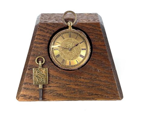 An 18k ladies pocket watch, the 36mm gilt engraved dial with Roman numberals, the gold plated inner cover engraved H. SAMUEL 