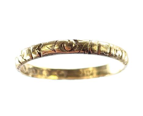 An early Victorian 18ct hallmarked gold band ring with engraved decoration, London 1845, size J/K, weight 1.43g.Slightly miss